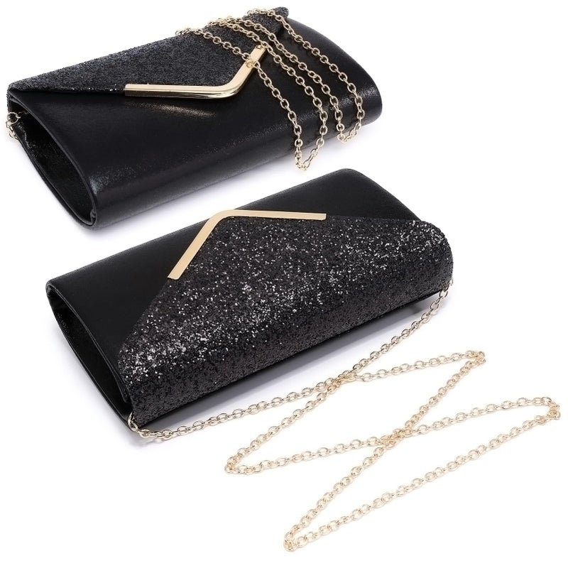 Dasein Women Evening Bags Formal Clutch Purses for Wedding Party Prom Handbags with Shoulder Strap and Glitter Flap (Black) - Image 3